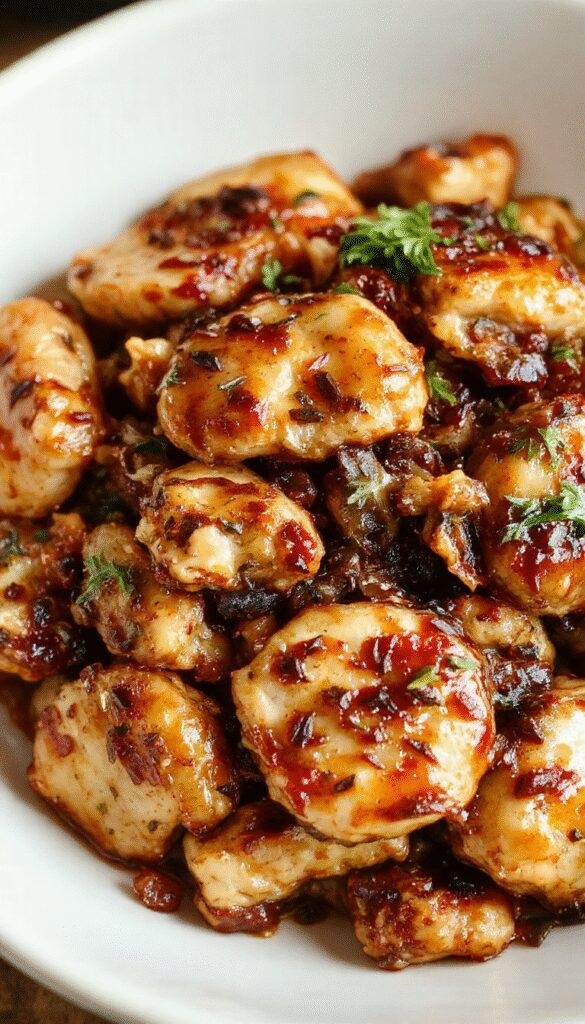 A sizzling plate of black pepper chicken and mushroom stir-fry garnished with fresh green onions