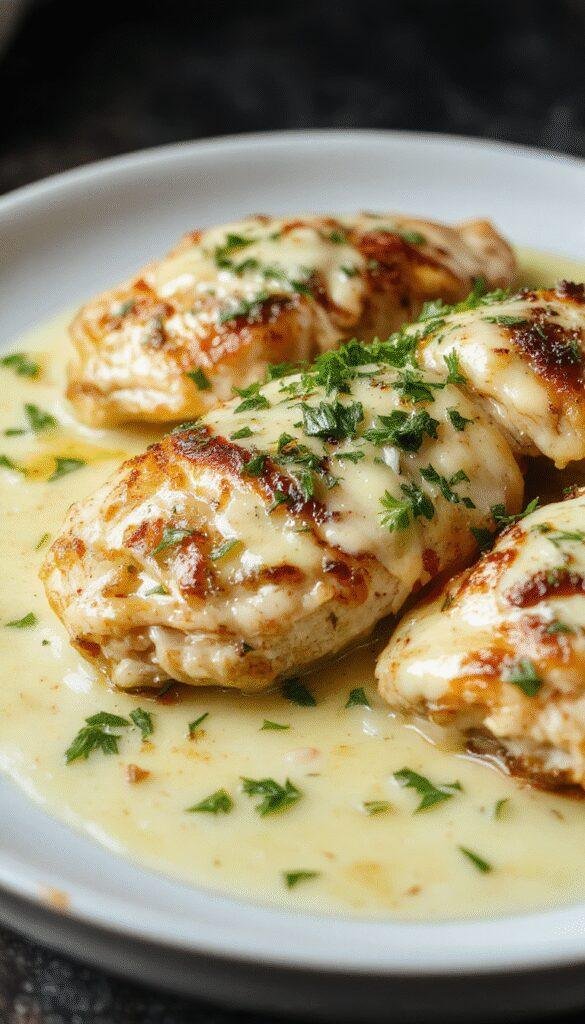 A delicious skillet-seared chicken breast topped with a rich and creamy road house butter sauce, served on a rustic wooden table with fresh herbs