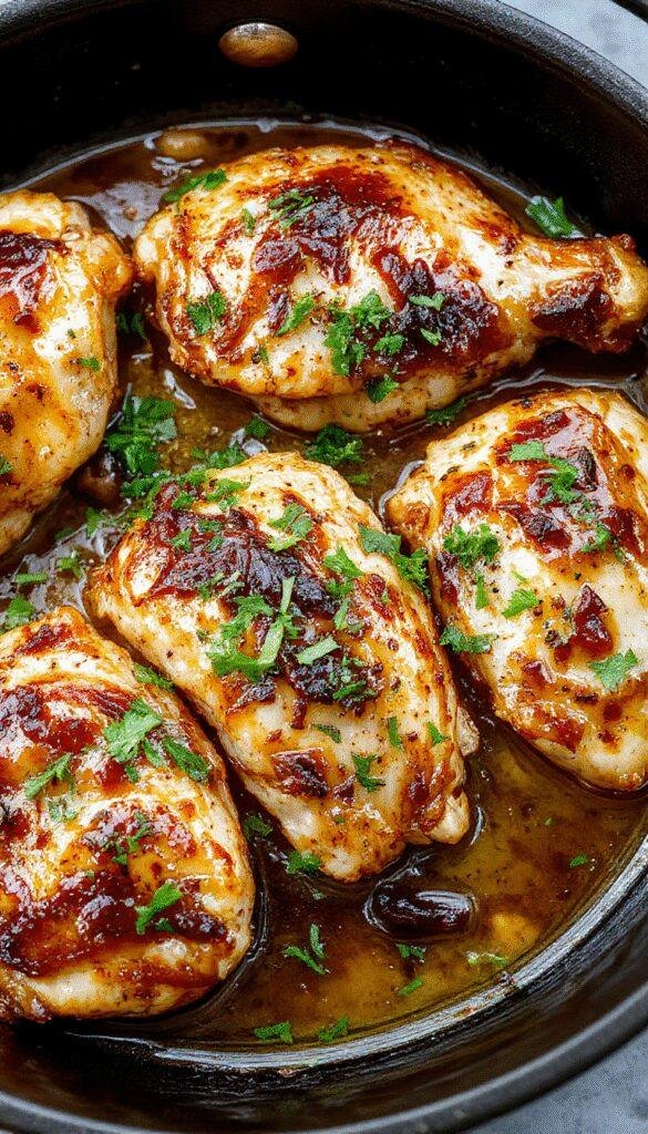 A sizzling skillet of golden butter chicken garnished with fresh herbs and served with naan and rice