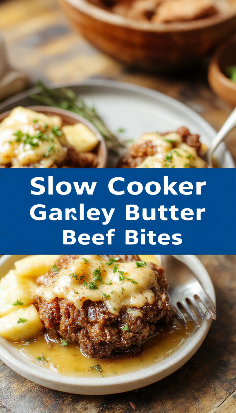 Succulent beef bites cooked in a garlic butter sauce, served in a slow cooker with fresh herbs garnishing the dish.