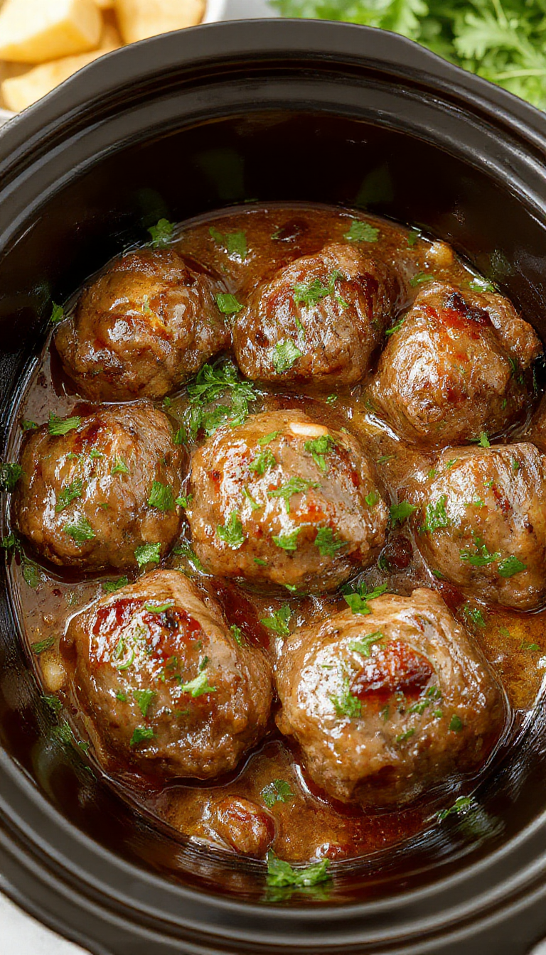 A plate of golden-brown Salisbury steak meatballs served with mashed potatoes and green beans on a rustic table.