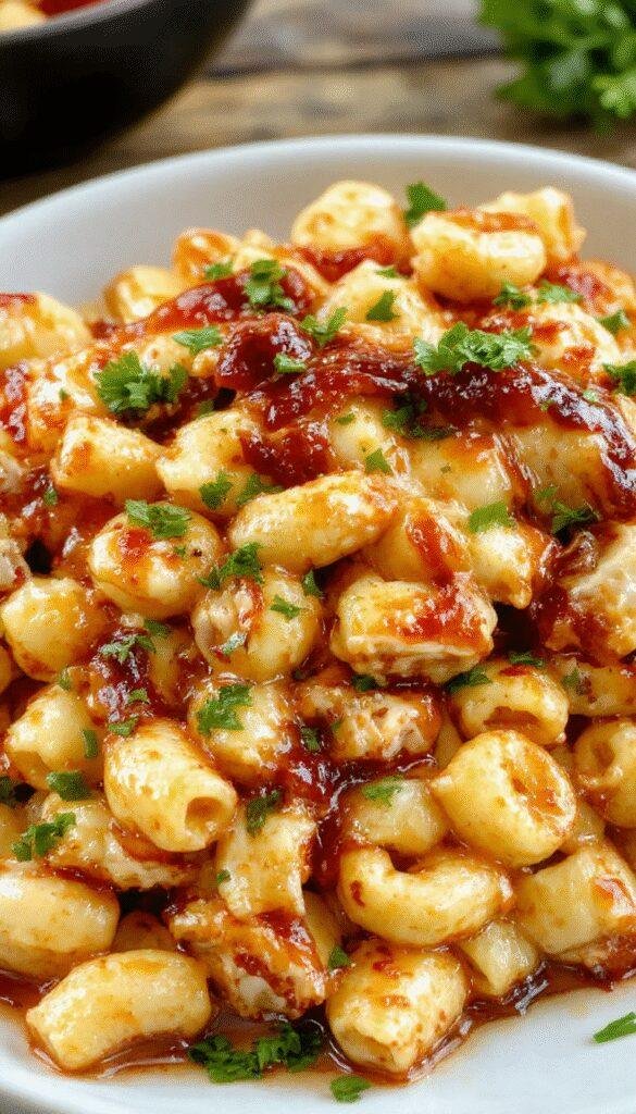 A bowl of smoky BBQ mac and cheese topped with grilled chicken strips, garnished with chopped herbs and served alongside caramelized vegetables.