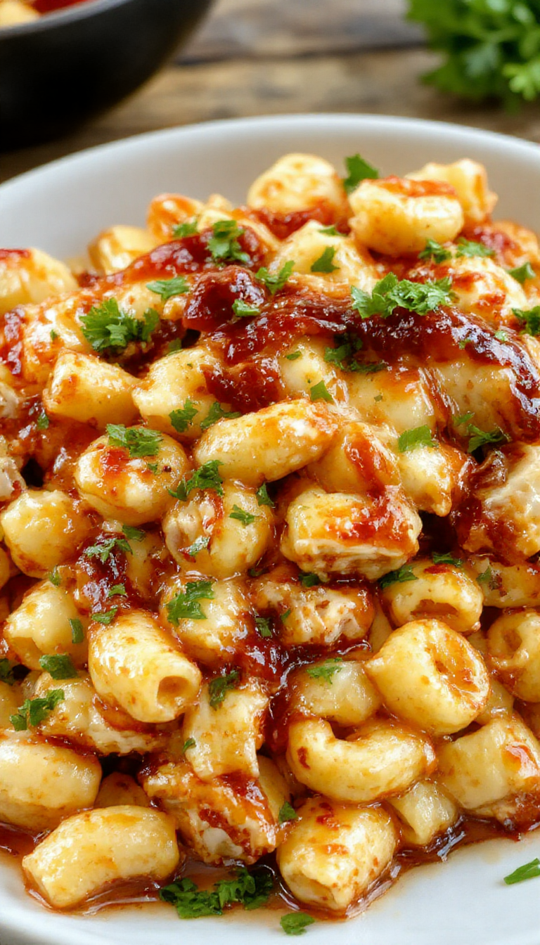 A bowl of smoky BBQ mac and cheese topped with grilled chicken strips, garnished with chopped herbs and served alongside caramelized vegetables.