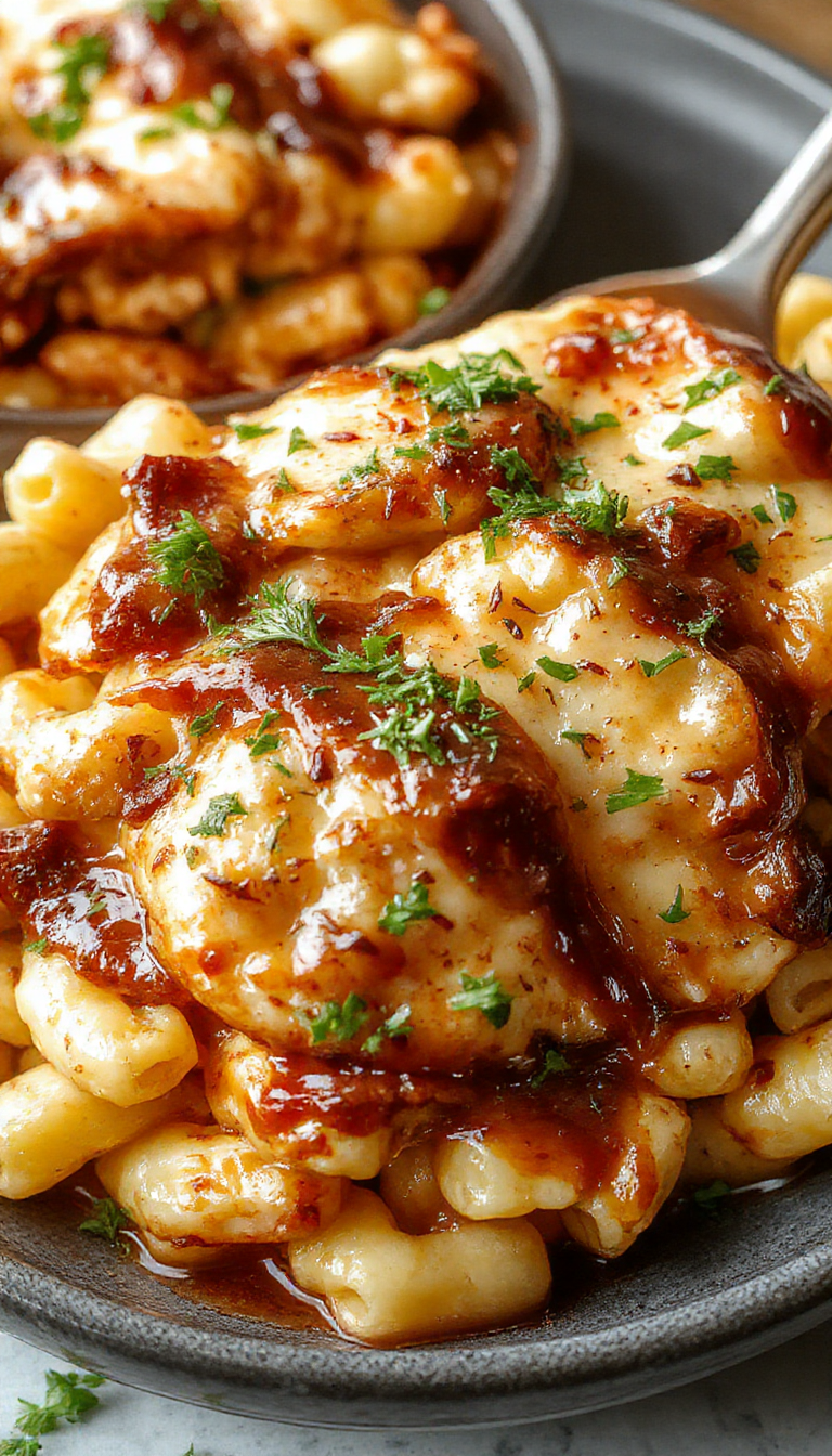 A plate of smoky Southern macaroni and cheese topped with tender, tangy BBQ chicken, garnished with fresh herbs, set on a rustic wooden table.