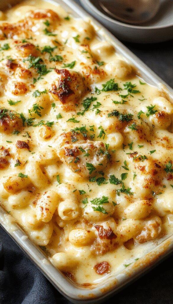 A hearty baked dish of creamy mac and cheese topped with smoky, tangy chicken chunks and melted cheese, served steaming on a rustic plate.