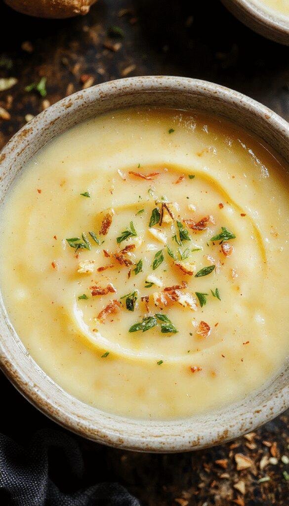 A steaming bowl of creamy cheddar garlic herb potato soup garnished with fresh herbs and crispy bacon bits, served with crusty bread on the side.