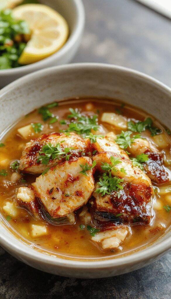 A bowl of soulful caramelized soy chicken served with fragrant rice in a flavorful garlic ginger broth, garnished with green onions and sesame seeds.