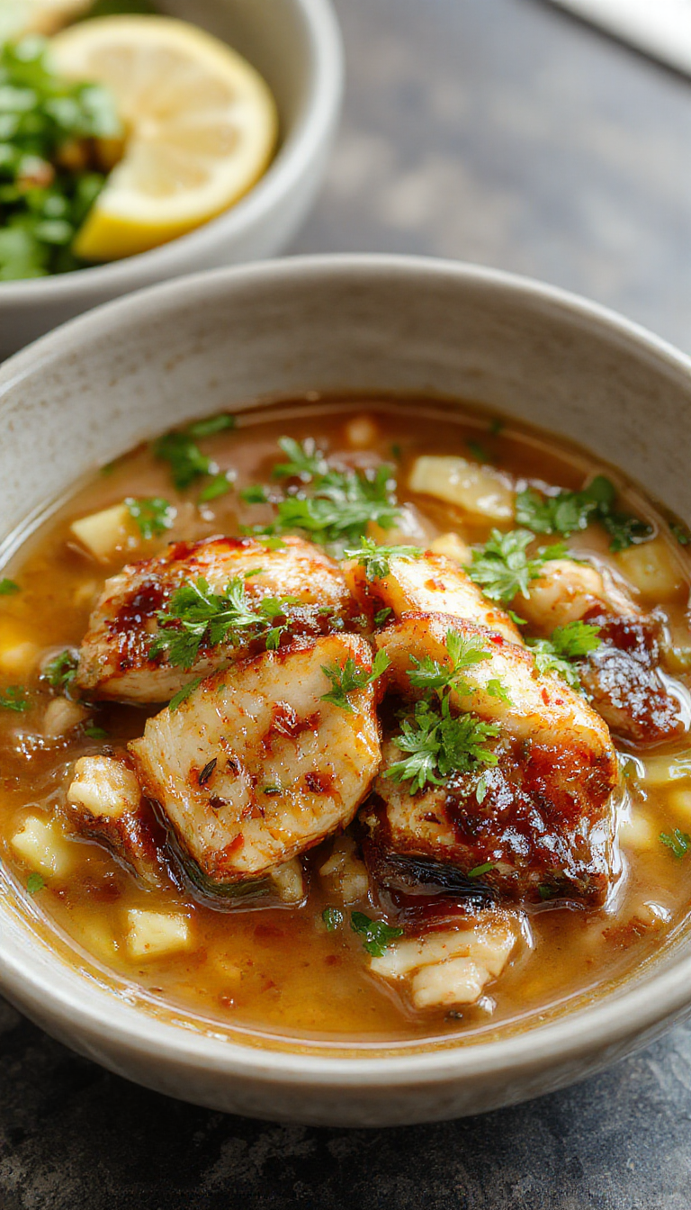 A bowl of soulful caramelized soy chicken served with fragrant rice in a flavorful garlic ginger broth, garnished with green onions and sesame seeds.