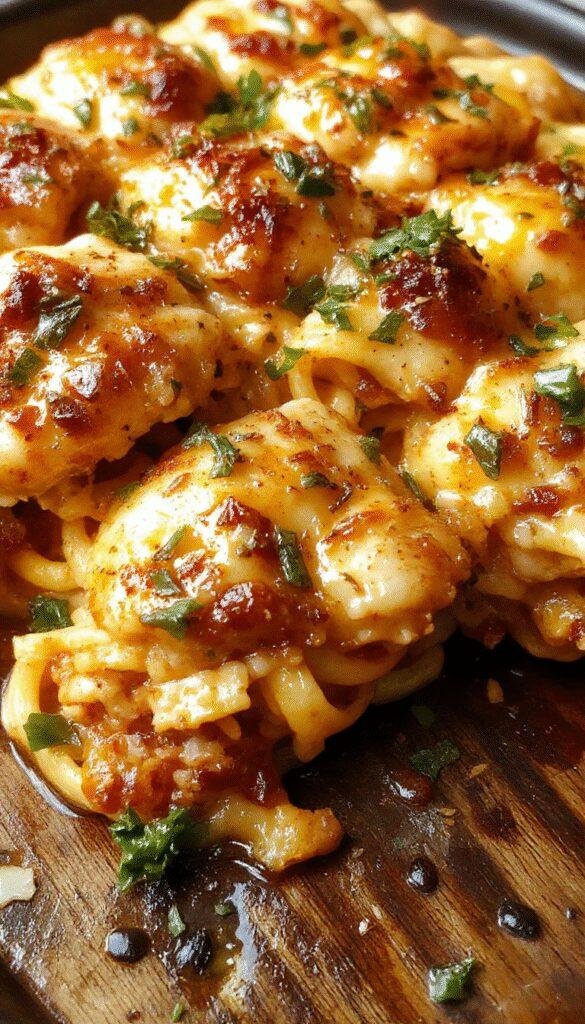 A delicious baked Zesty Chicken Spaghetti dish topped with melted cheese and garnished with fresh herbs, served on a rustic plate.