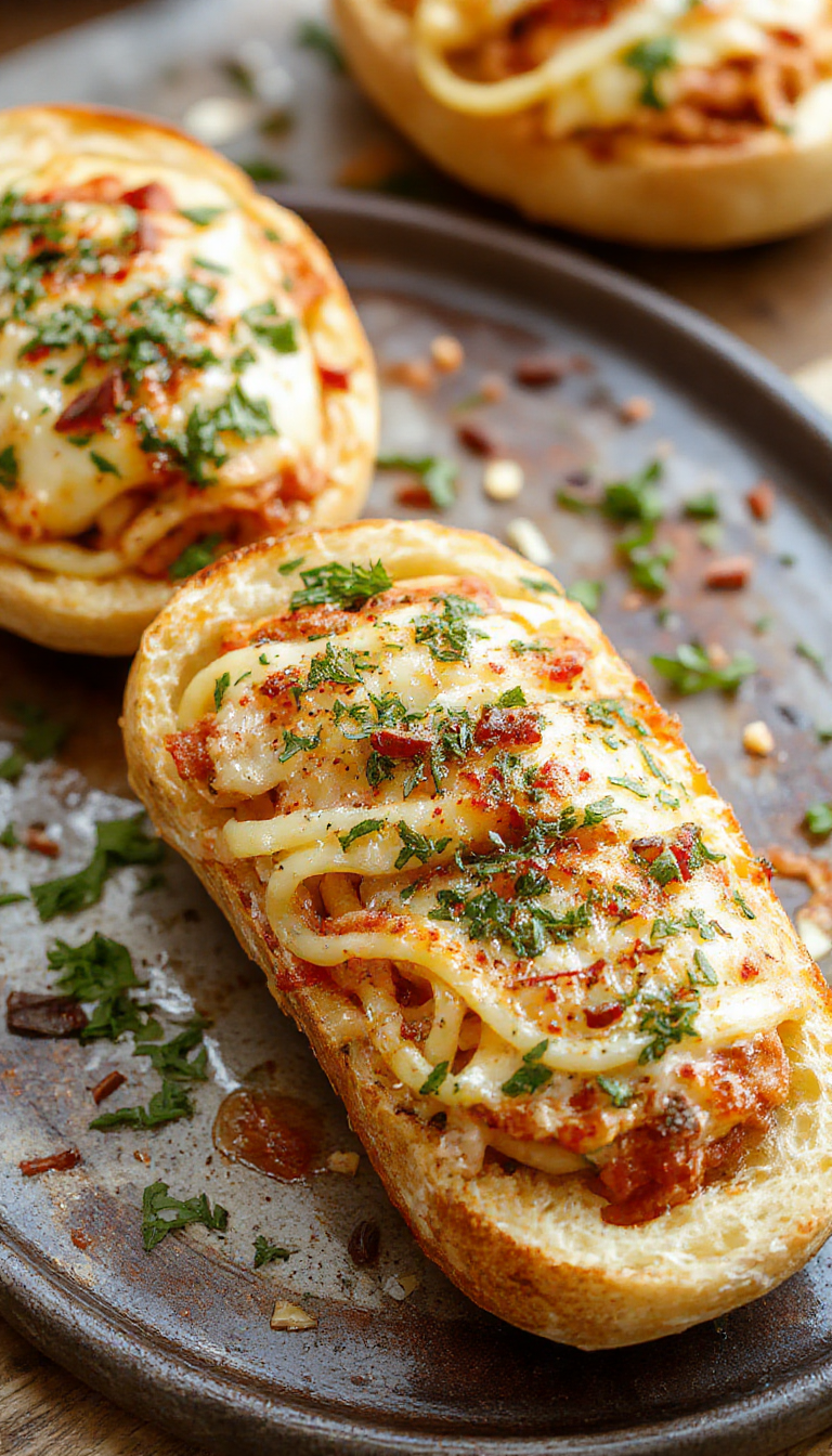 A close-up of garlic bread boats filled with spaghetti and topped with melted cheese, garnished with fresh herbs on a rustic wooden table.