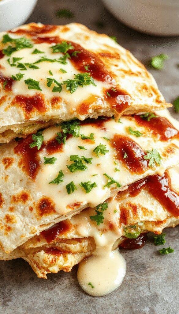 A plate of crispy chicken bacon ranch quesadillas cut into wedges, served with salsa and sour cream on the side.