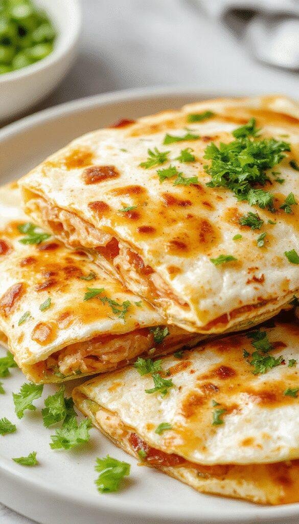 A sizzling quesadilla filled with crispy chicken, bacon, melted cheese, and ranch dressing, sliced open to reveal the delicious ingredients inside.