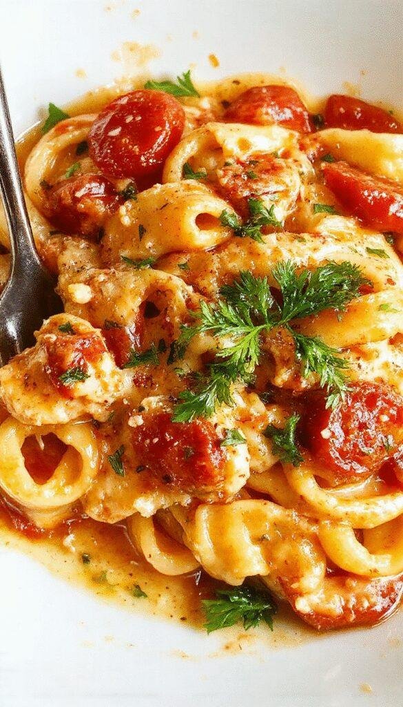 A bowl of creamy tomato pasta topped with fresh basil and grated cheese, served on a rustic wooden table.