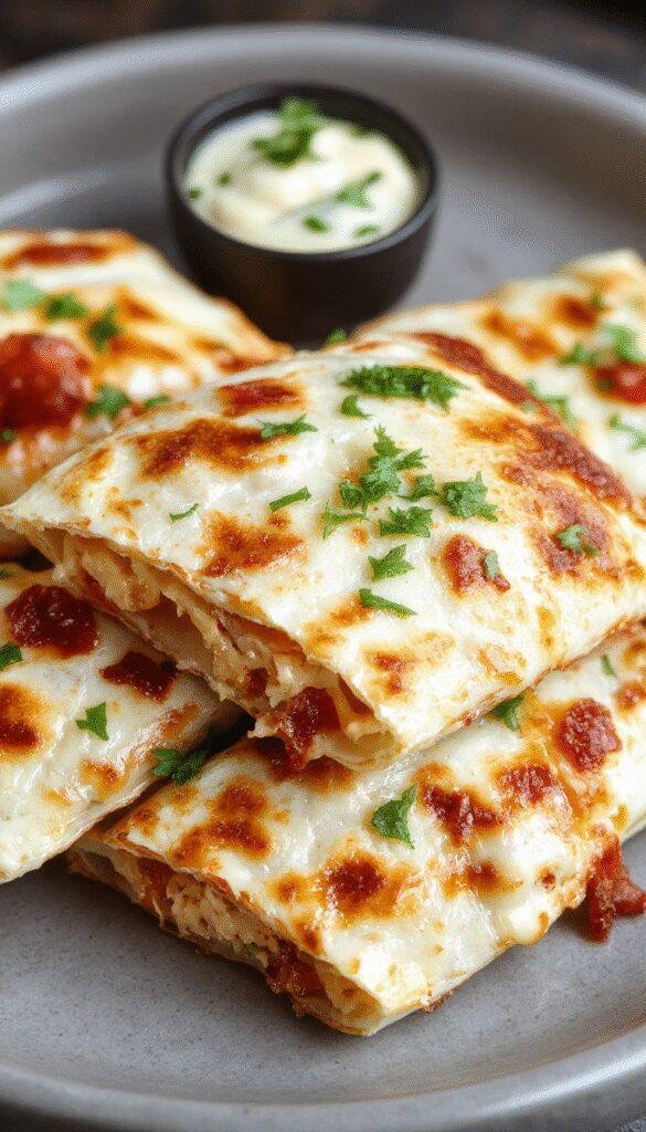 Golden quesadillas filled with crispy bacon, tender chicken, and melted cheese, served with fresh salsa and sour cream on a plate.