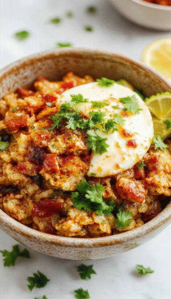 A vibrant bowl of Speedy & Sizzling Taco Rice with seasoned beef, fresh lettuce, shredded cheese, and colorful toppings, steaming hot and inviting.