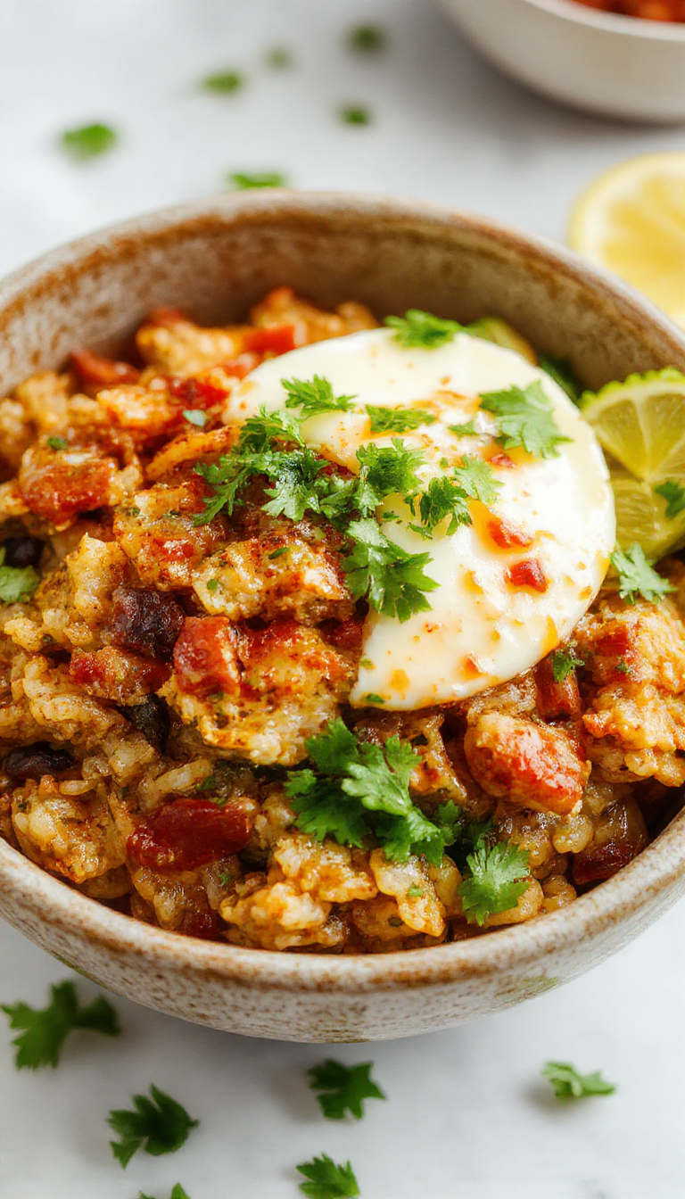 A vibrant bowl of Speedy & Sizzling Taco Rice with seasoned beef, fresh lettuce, shredded cheese, and colorful toppings, steaming hot and inviting.