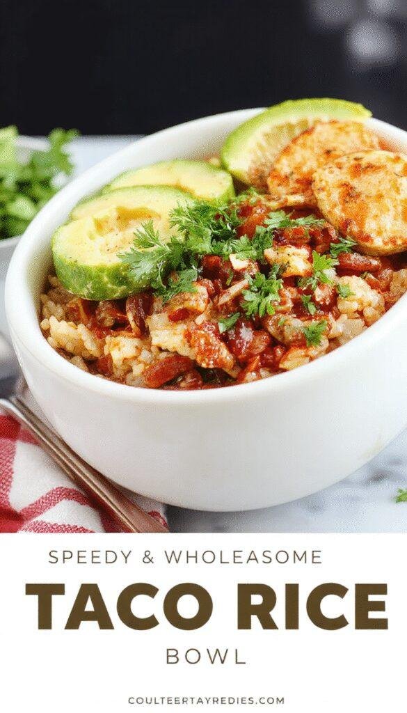 A vibrant taco rice bowl topped with fresh vegetables, melted cheese, and flavorful seasoned beef, served on a rustic wooden table.