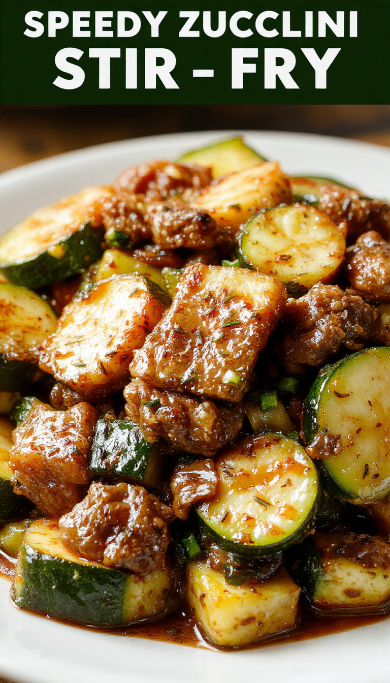 A vibrant plate of Speedy Zucchini Beef Stir-Fry with colorful zucchini slices, tender beef strips, and fresh vegetables, served on a white plate.
