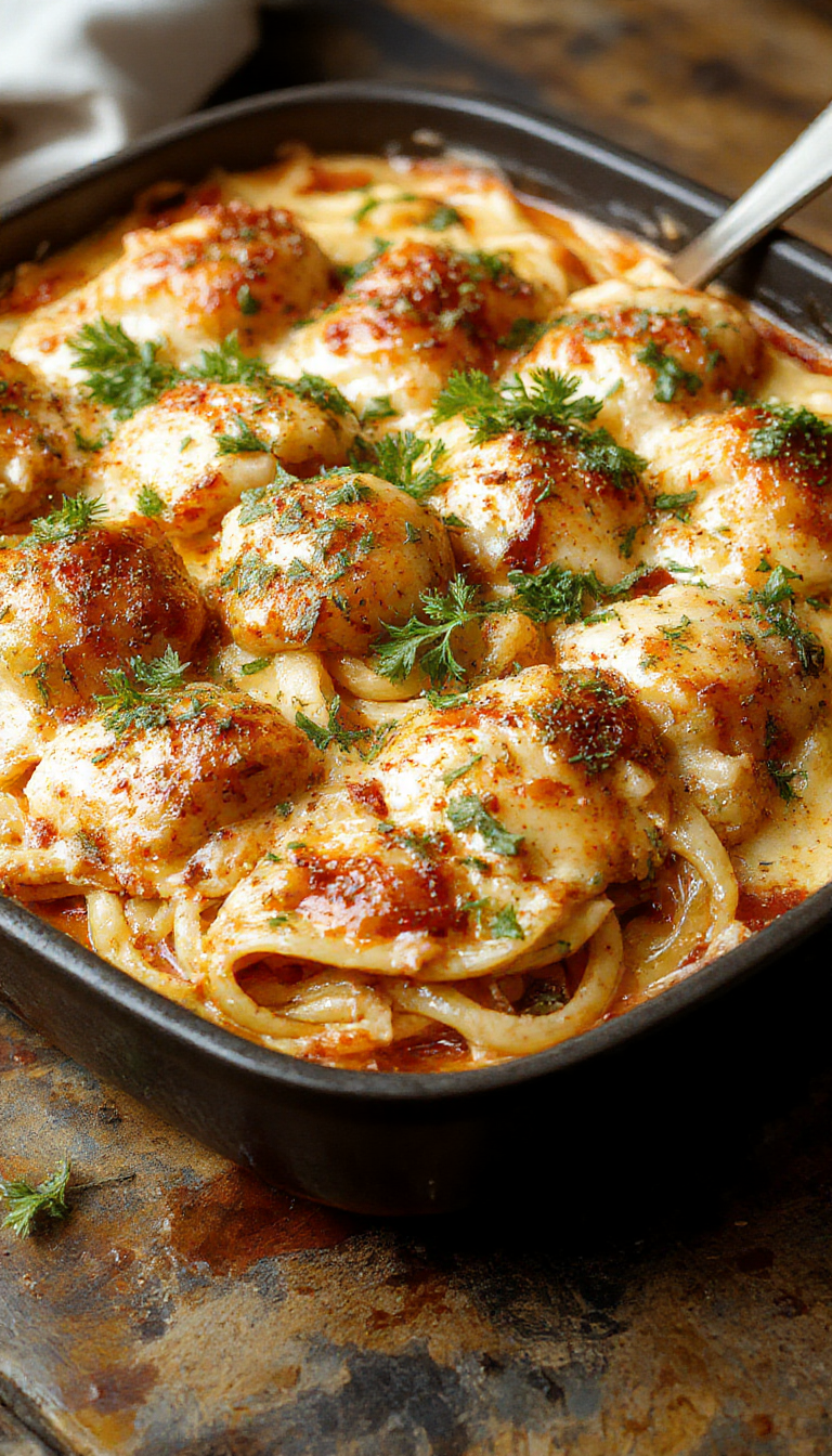 A savory baked chicken spaghetti dish topped with melted cheese and garnished with herbs, served in a rustic casserole dish.