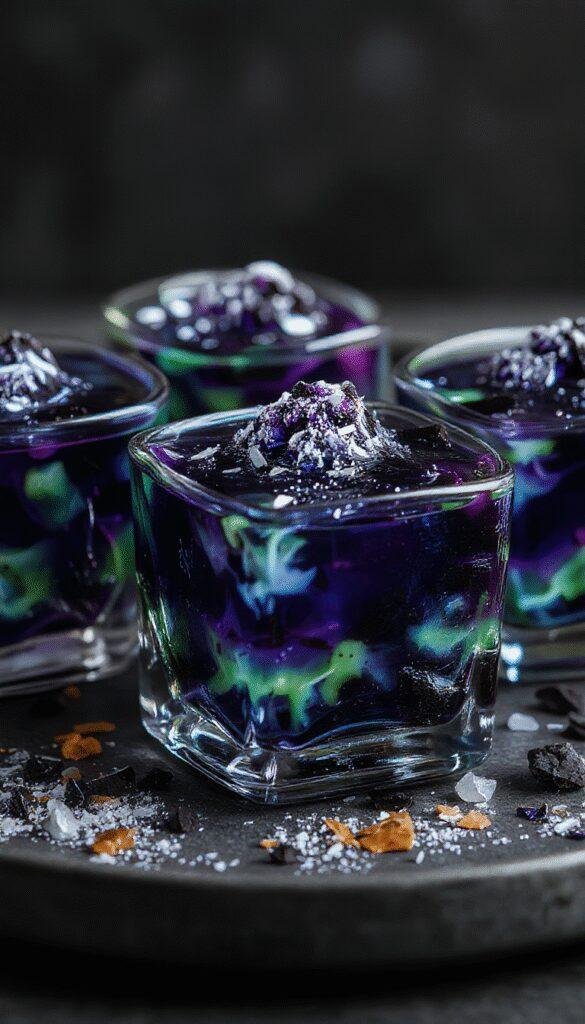 Colorful spooky Halloween gelatin desserts with creepy eye designs and eerie decorations on a spooky themed table