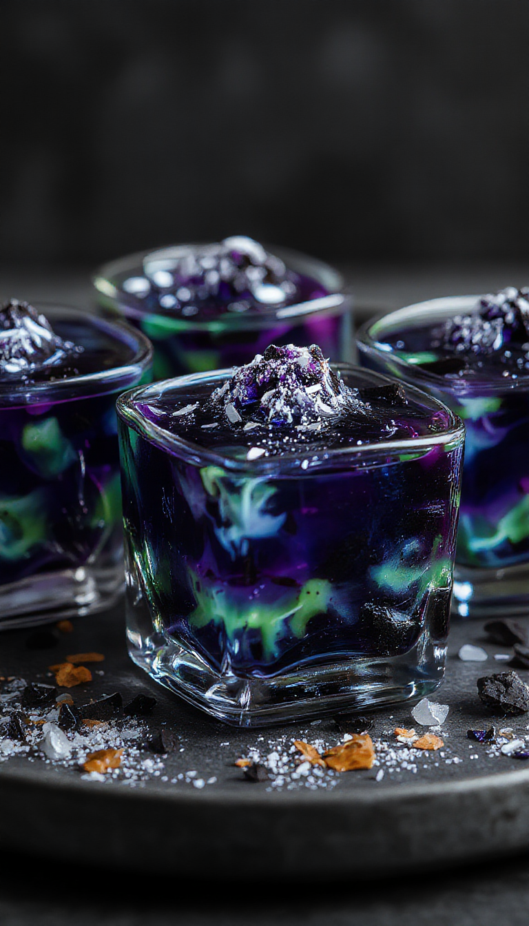 Colorful spooky Halloween gelatin desserts with creepy eye designs and eerie decorations on a spooky themed table