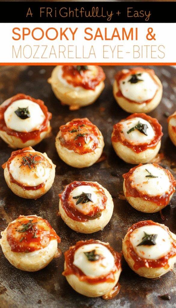 Platter of spooky salami and mozzarella eye bites decorated for Halloween, featuring round mozzarella slices as eyeballs with salami pupils, garnished with herbs.