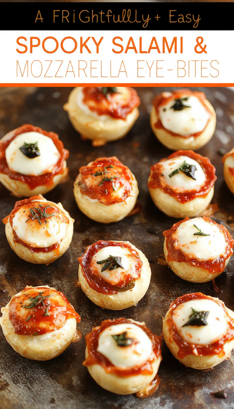 Platter of spooky salami and mozzarella eye bites decorated for Halloween, featuring round mozzarella slices as eyeballs with salami pupils, garnished with herbs.