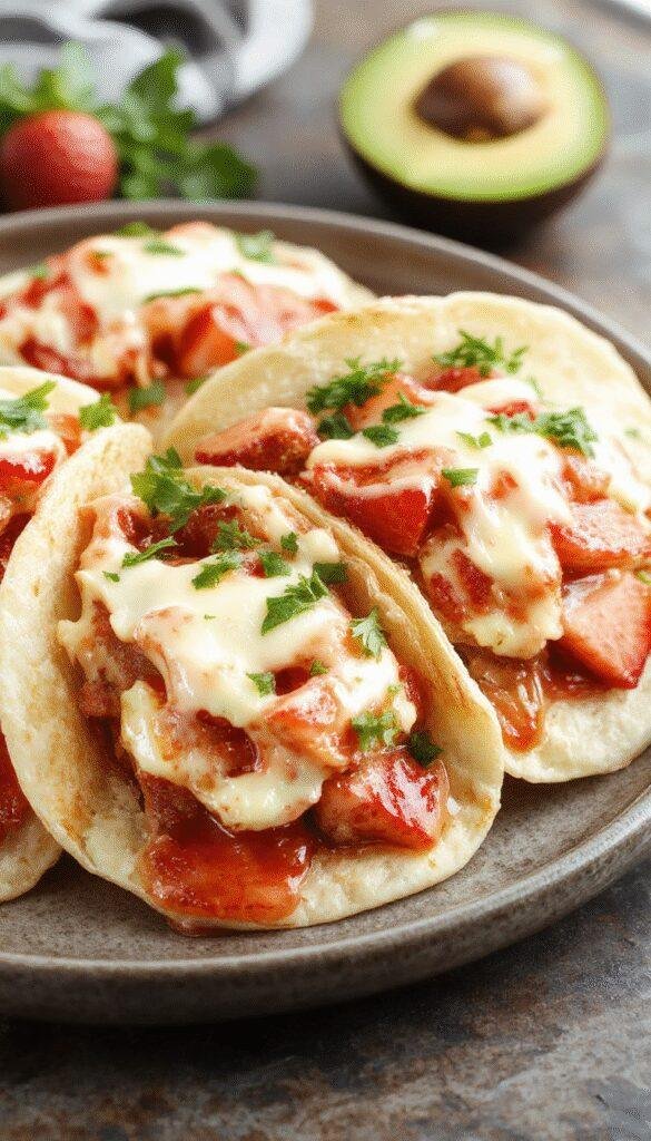 Delicious strawberry bliss cheesecake tacos with creamy filling and fresh strawberries, served on a colorful plate.