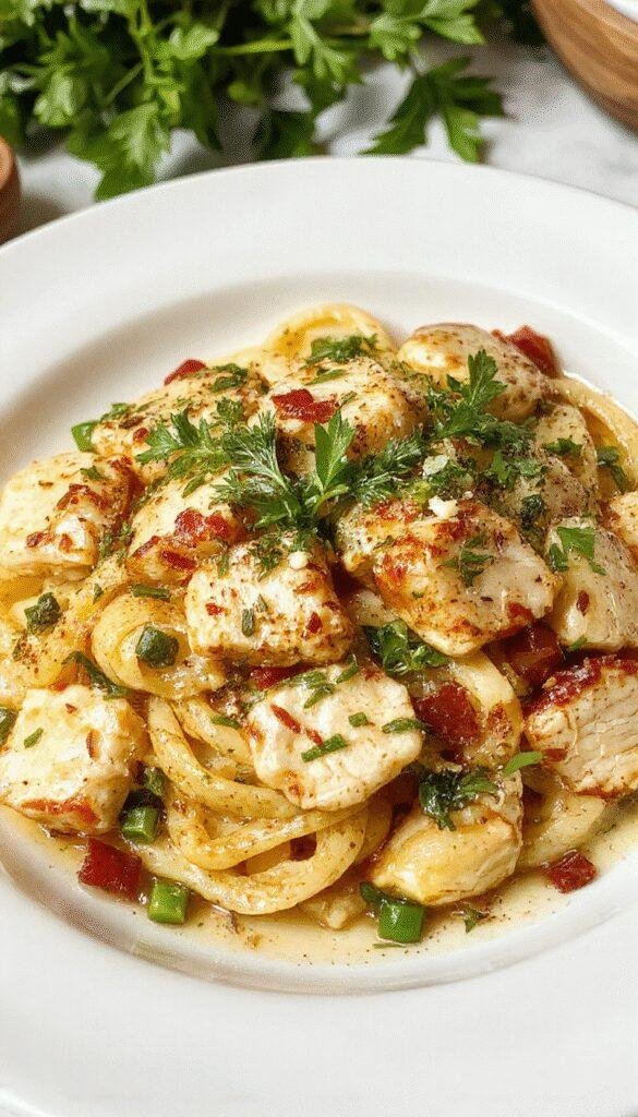 A vibrant plate of Sun-Kissed Mediterranean Chicken Pasta featuring grilled chicken, colorful vegetables, and fresh herbs on a rustic wooden table.