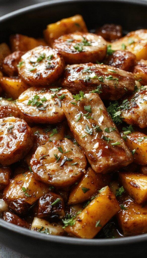 A colorful skillet filled with golden roasted sweet potatoes, slices of honey garlic sausage, and fresh herbs garnished on top.