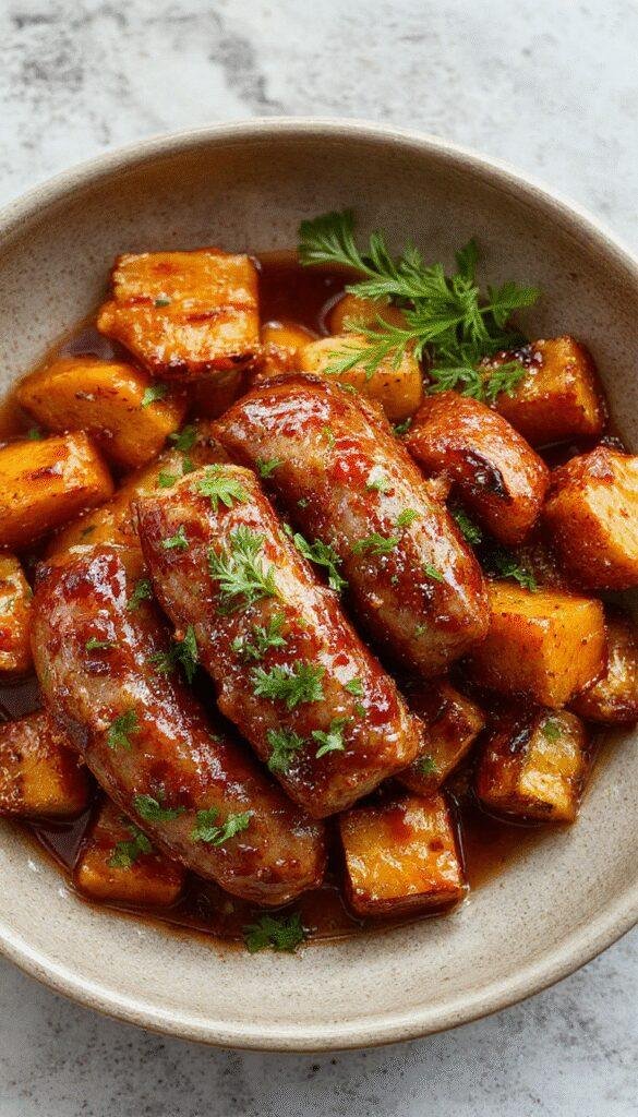 A plate featuring honey garlic sausage served alongside roasted sweet potatoes, garnished with fresh herbs, showcasing a perfect balance of sweet and savory flavors.
