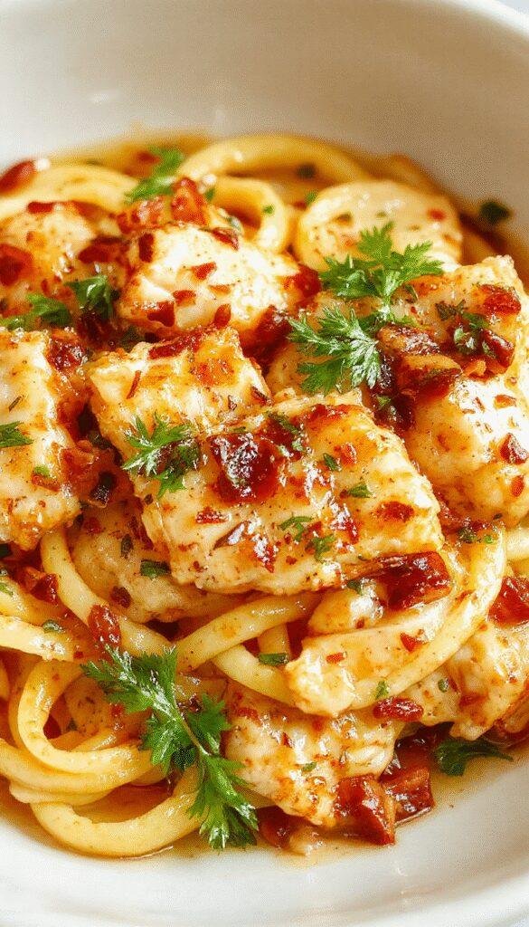 A plate of Honey Pepper Chicken Pasta garnished with fresh herbs, showcasing tender chicken, colorful pasta, and a glossy honey-pepper sauce.