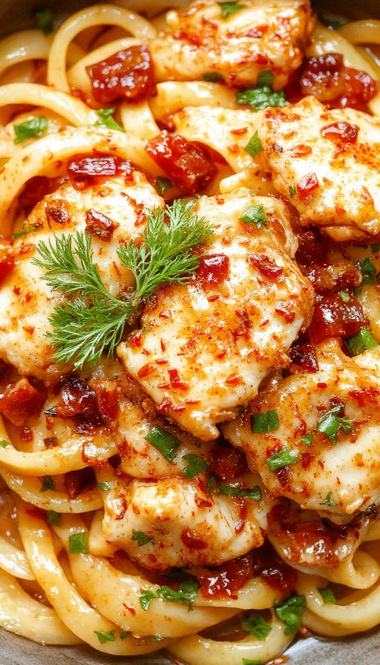 A vibrant plate of Honey Pepper Chicken Pasta topped with chopped herbs and colorful vegetables, showcasing a mix of crispy chicken and pasta coated in a sweet and tangy sauce.