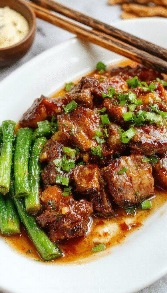 A vibrant plate of beef stir fry with colorful vegetables and glossy sauce, served hot in a wok with steam rising.