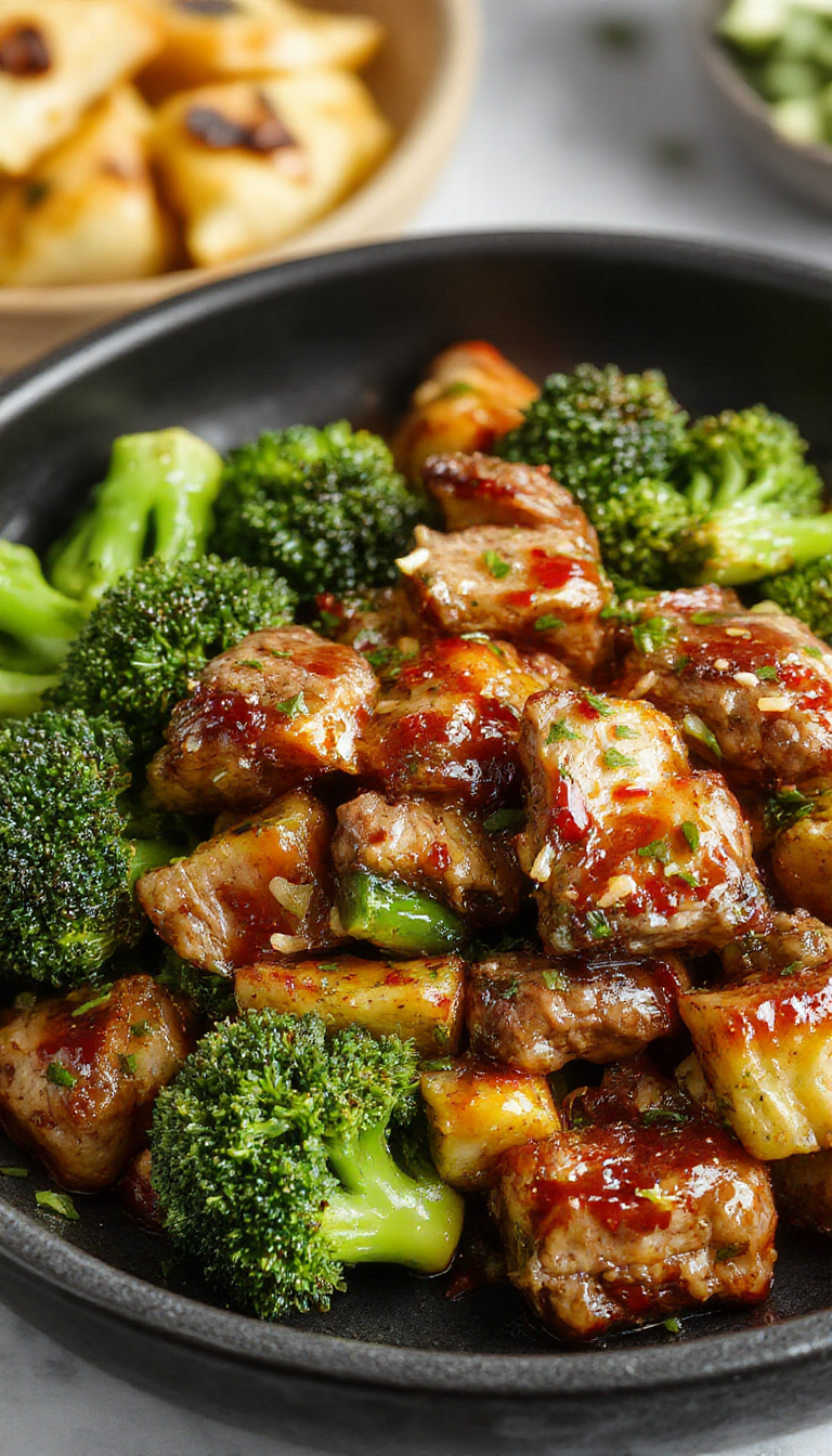 A sizzling beef and broccoli skillet drizzled with golden honey garlic sauce, steaming hot and garnished with fresh green onions.