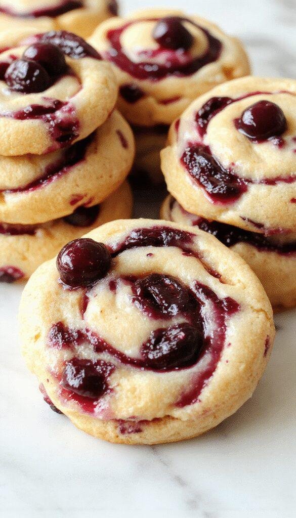 Close-up of swirled blueberry cheesecake cookies with vibrant blue and creamy swirls on a rustic wooden plate