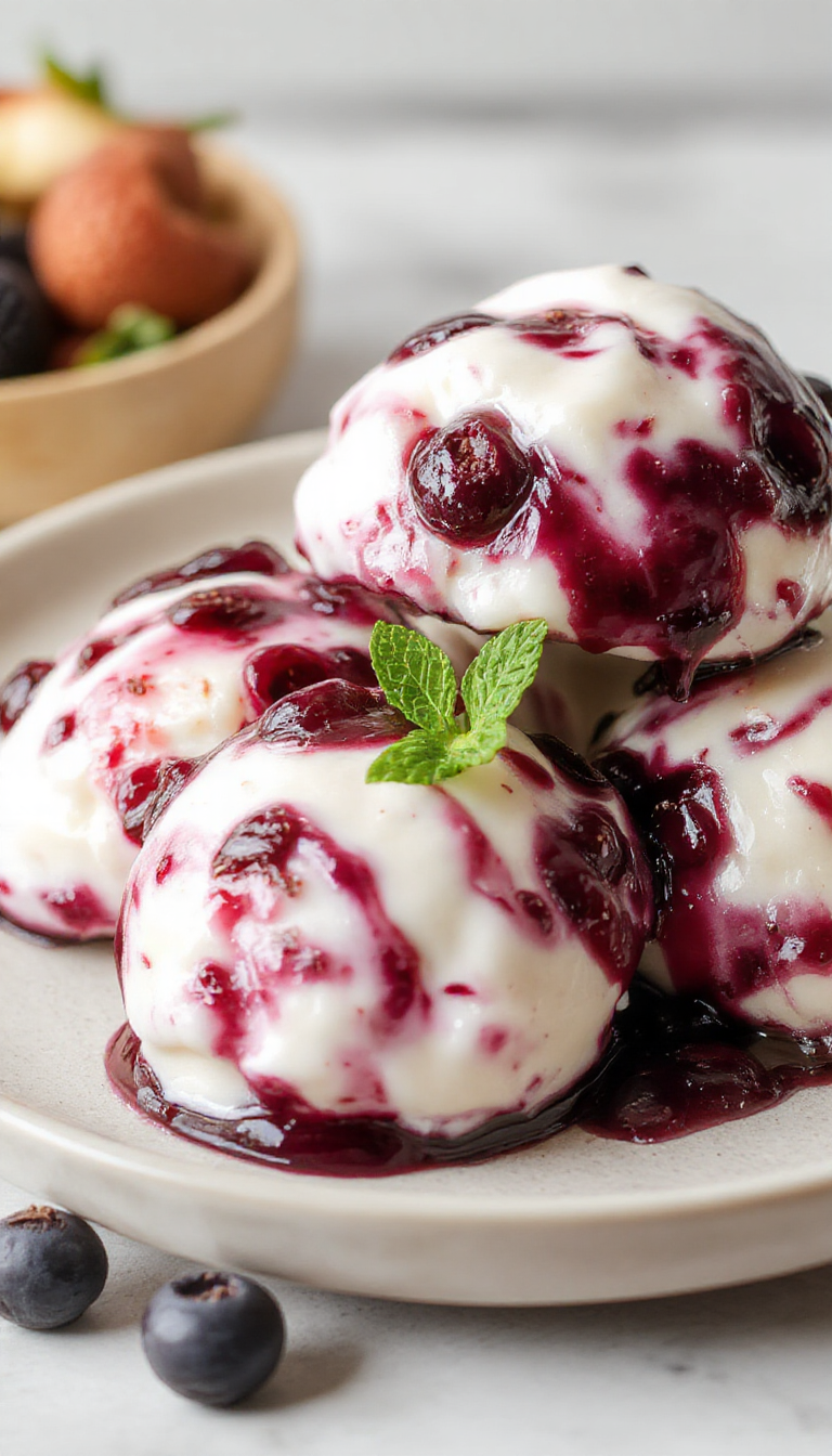 Colorful swirled blueberry yogurt delights arranged on a plate with fresh blueberries and mint leaves, showcasing a refreshing and vibrant dessert.