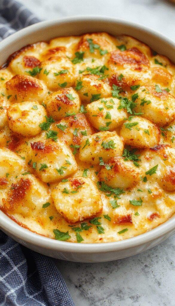 A hearty casserole dish topped with crispy golden tater tots, melted cheese, and fresh herbs, ready to serve as a comforting meal.