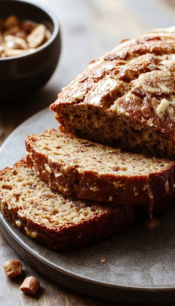 A slice of moist, golden banana bread topped with walnuts and a drizzle of honey, with a whole loaf in the background.