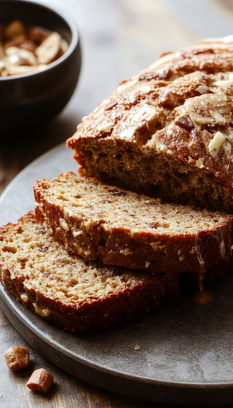 A slice of moist, golden banana bread topped with walnuts and a drizzle of honey, with a whole loaf in the background.