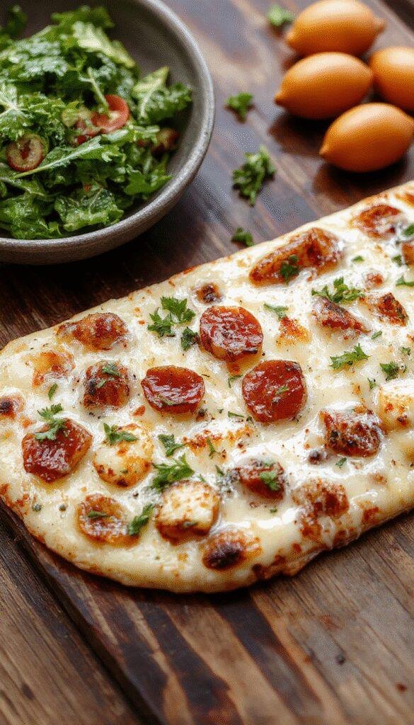 A slice of crustless pizza on a plate bursting with melted cheese, vibrant toppings, and fresh herbs.