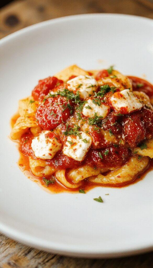 A plate of oven-baked feta and tomato pasta garnished with fresh basil, showing bubbling feta cheese melting into vibrant cherry tomatoes and pasta.