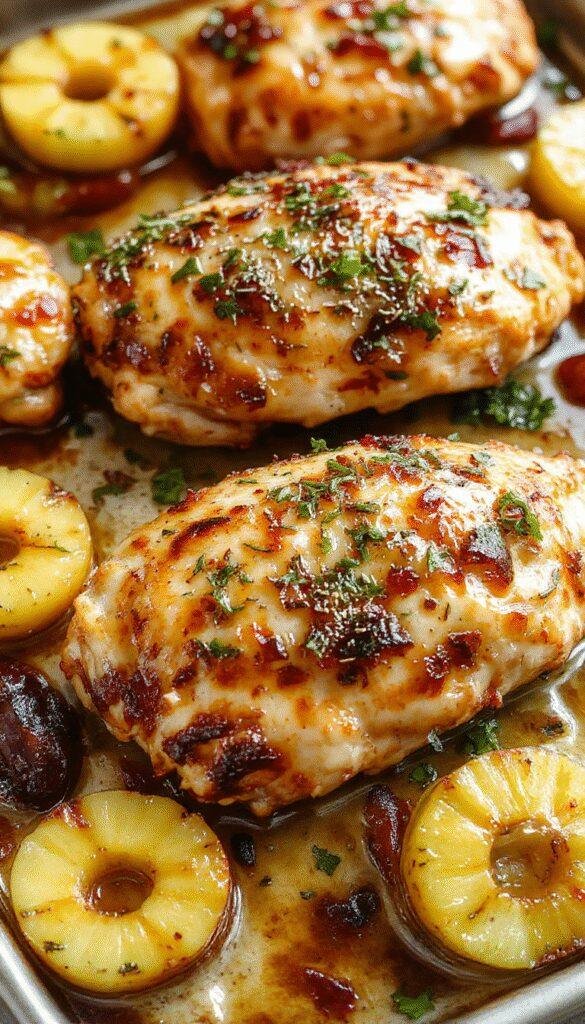 Colorful tropical sheet pan chicken dish with roasted pineapple chunks and vibrant bell peppers on a baking sheet
