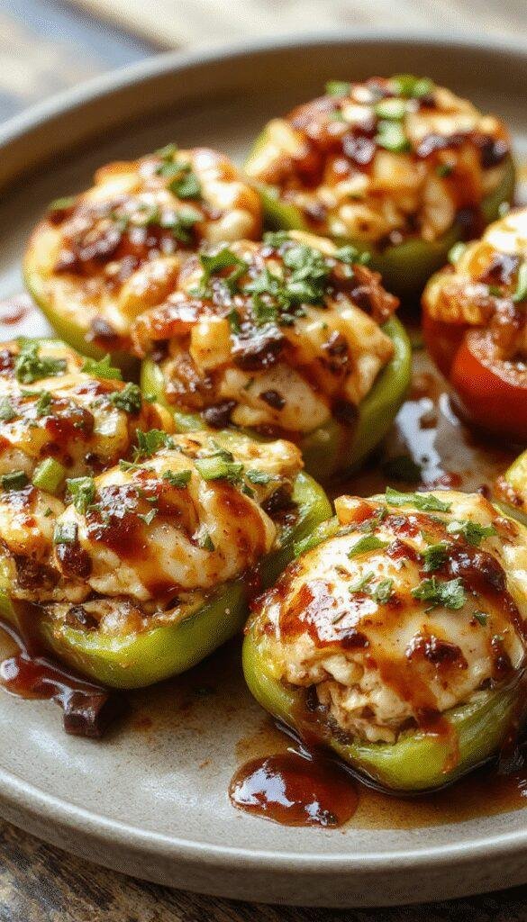 Colorful stuffed bell peppers filled with tropical chicken and vegetables, glazed with teriyaki sauce, garnished with fresh herbs.