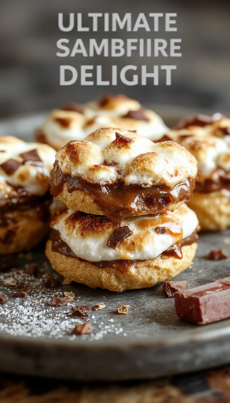 A close-up of a gooey s'mores bar with melted marshmallows, chocolate, and graham cracker layers on a rustic wooden table