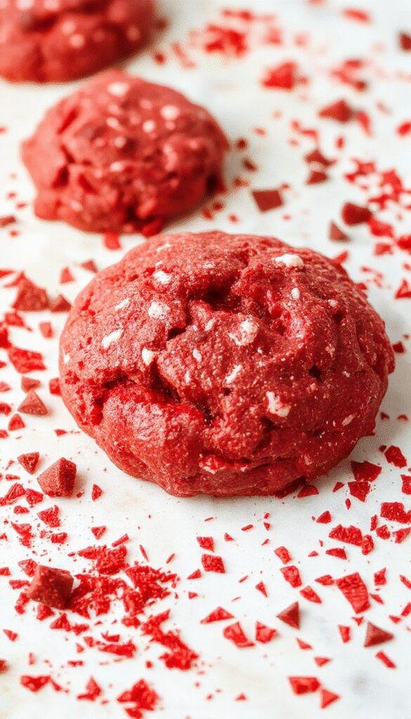 A plate of no-bake red velvet cookie dough balls garnished with powdered sugar and chocolate chips, arranged beautifully on a marble surface.