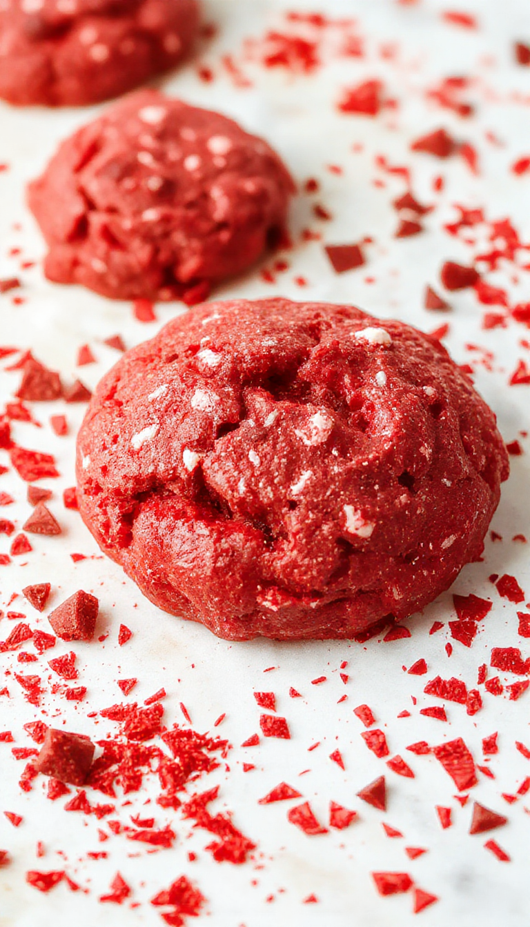 A plate of no-bake red velvet cookie dough balls garnished with powdered sugar and chocolate chips, arranged beautifully on a marble surface.