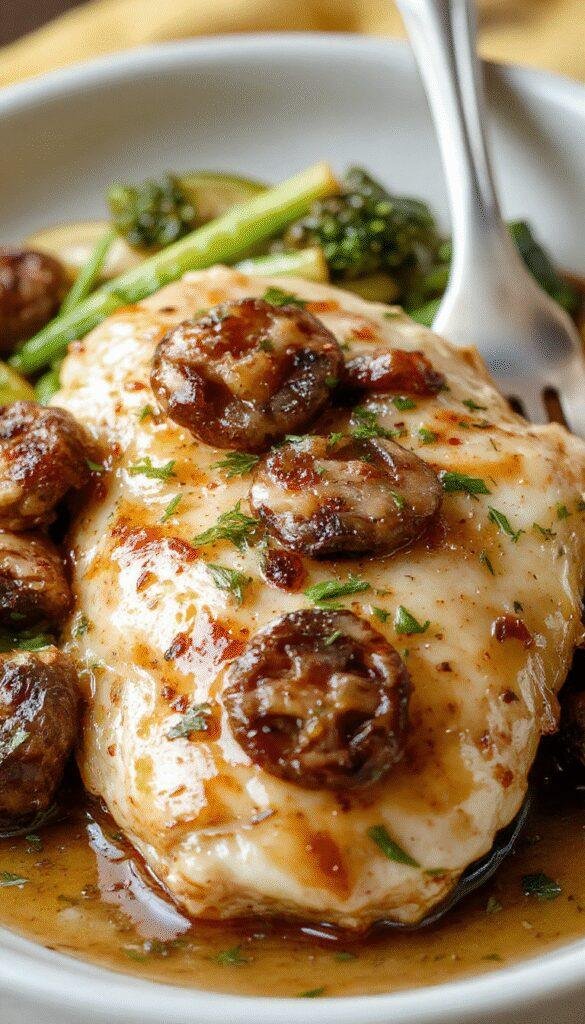 A plate of Velvety Garlic Mushroom Chicken featuring tender chicken breasts topped with creamy garlic mushroom sauce, garnished with fresh herbs.