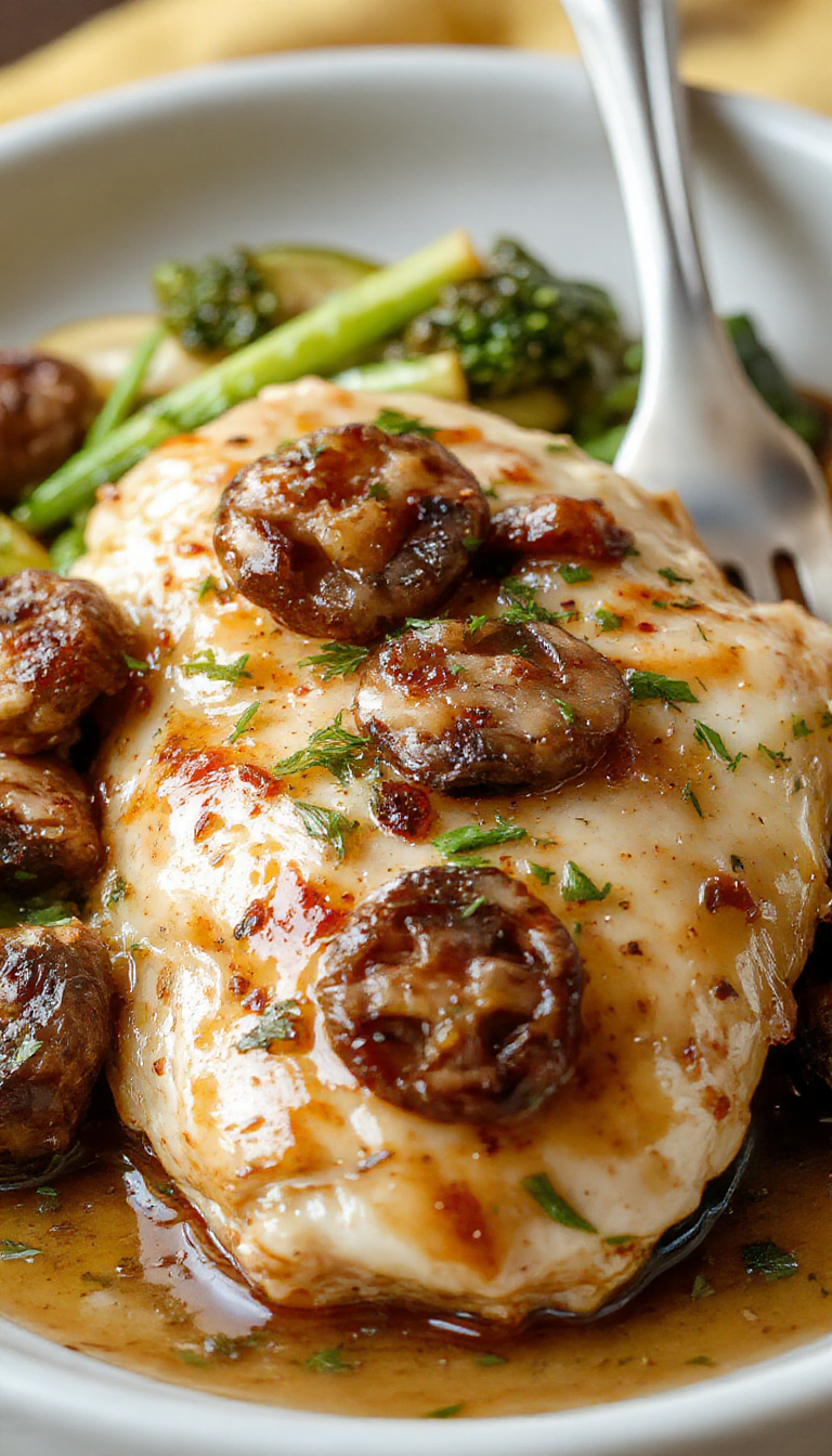 A plate of Velvety Garlic Mushroom Chicken featuring tender chicken breasts topped with creamy garlic mushroom sauce, garnished with fresh herbs.