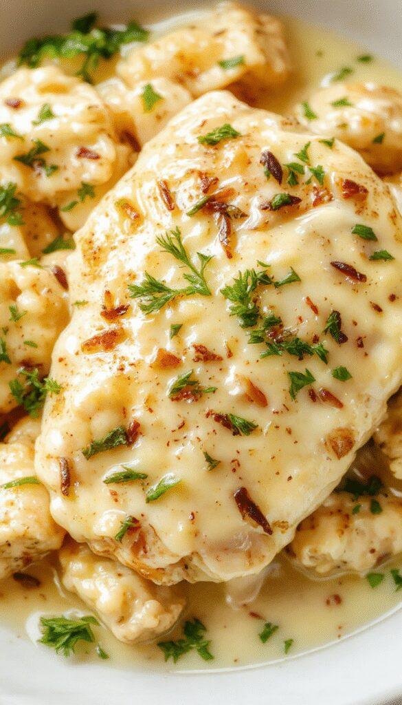 A creamy bowl of Velvety Garlic Parmesan Chicken Alfredo topped with freshly chopped herbs and melted Parmesan cheese, served with garlic bread on the side.